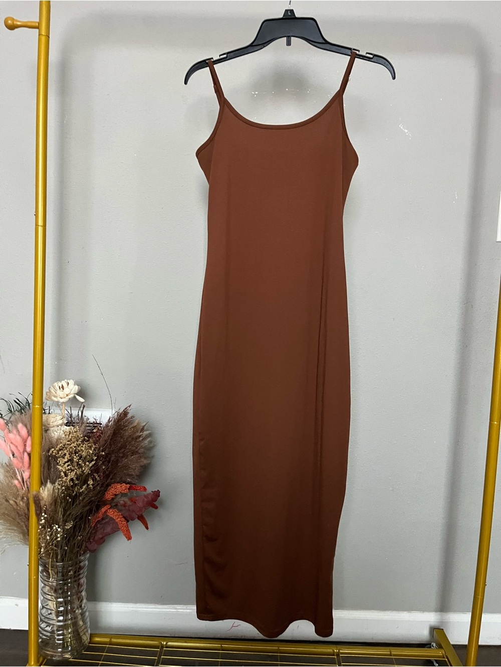 Women’s Brown Midi Slip Dress - Sleeveless Bodycon